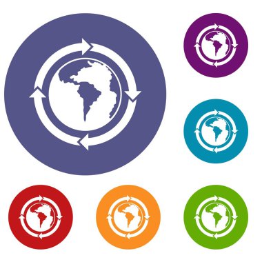 Dünya gezegeni Icons set etrafında yuvarlak okları