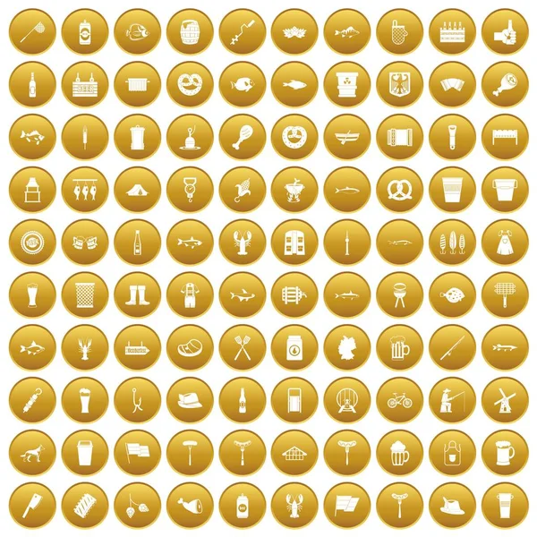 100 beer icons set gold — Stock Vector