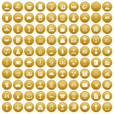 Altın daire üzerinde beyaz vektör illüstrasyon izole içinde 100 iş ikonları/simgeleri ayarla