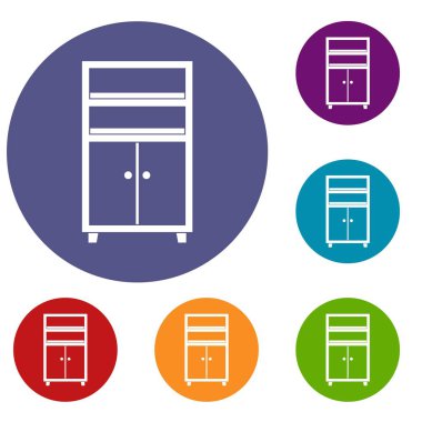 Web için düz daire kırmızı, mavi ve yeşil renkte ahşap dolap Icons set