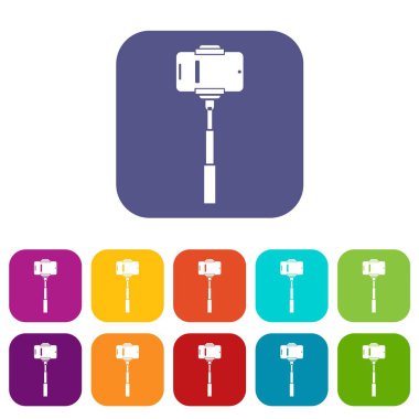 Selfie sopa Icons set üstünde hareket eden telefon