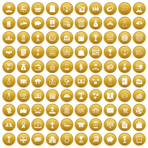 Altın daire üzerinde beyaz vektör illüstrasyon izole içinde 100 iş ikonları/simgeleri ayarla