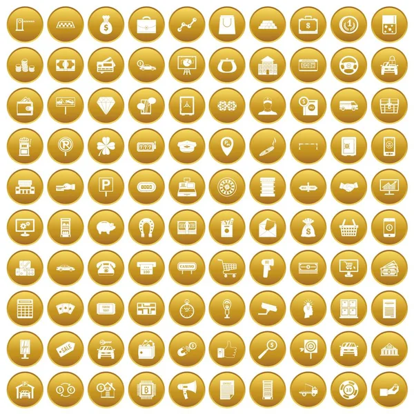 100 Munt Pictogrammen Instellen Gouden Cirkel Geïsoleerd Witte Vectorillustratie — Stockvector