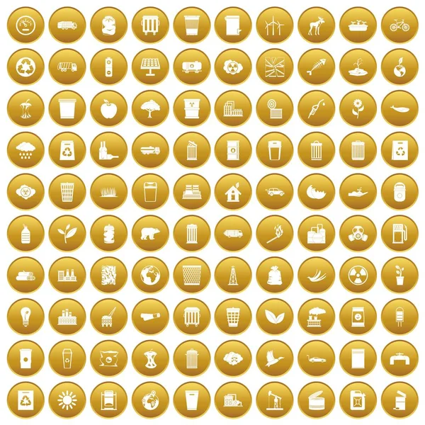 100 ekologia ikony zestaw złoto — Wektor stockowy