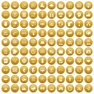 Altın daire üzerinde beyaz vektör illüstrasyon izole içinde 100 arabirimi Icons set