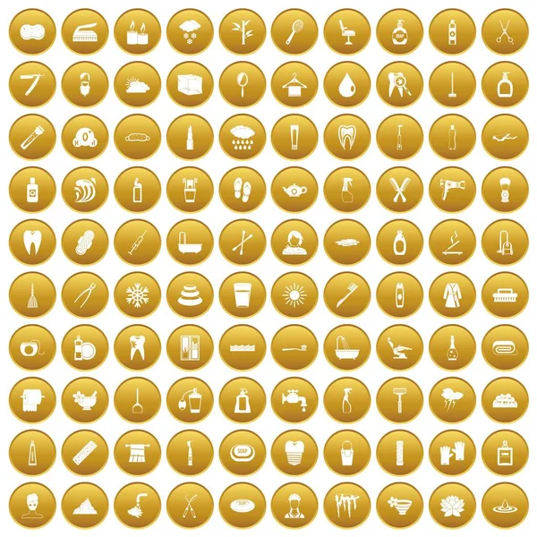 100 ikon kebersihan mengatur emas - Stok Vektor