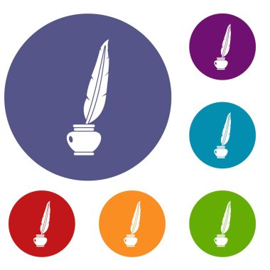 Tüy tüy kalem ayakta şişe mürekkep simgelerin ayarlamak