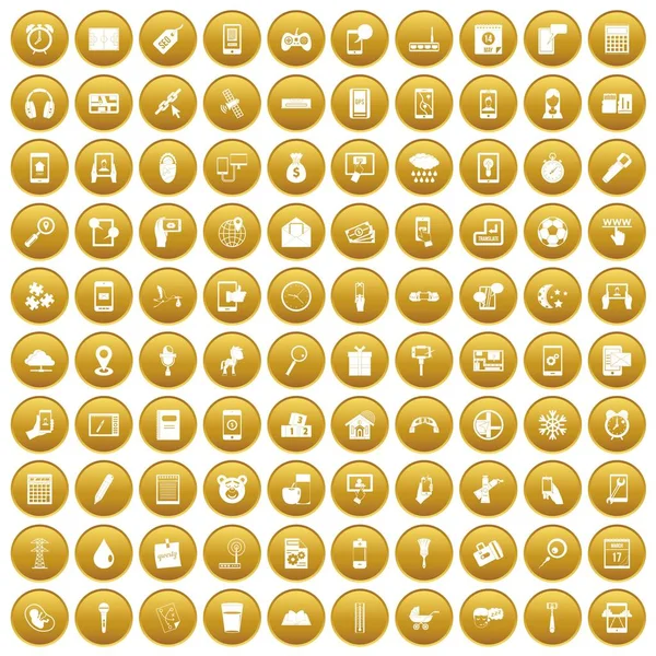 100 mobile app icons set gold — Stock Vector