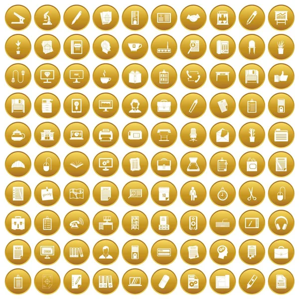100 office ikony zestaw złoto — Wektor stockowy