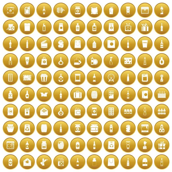 100 Ícones Embalagem Círculo Dourado Isolados Ilustração Vetorial Branca —  Vetores de Stock