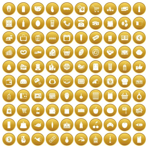 100 iconos de supermercado conjunto de oro — Vector de stock