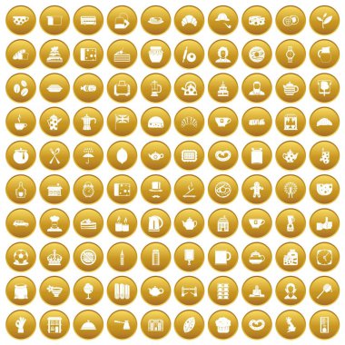 Altın daire üzerinde beyaz vektör illüstrasyon izole içinde 100 çay zaman gıda Icons set