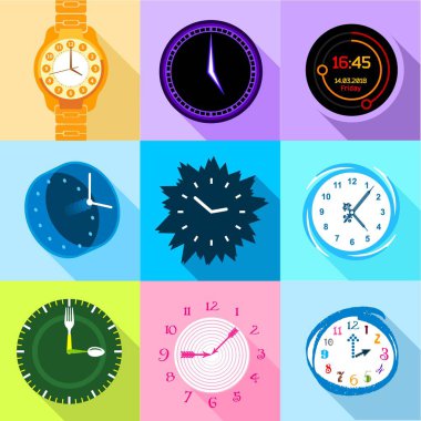 Saat ve saat Icons set, düz stil