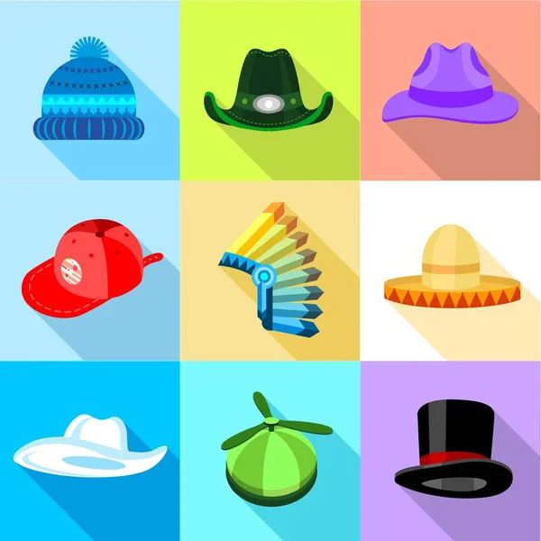 Ensemble d'icônes de chapeau, style plat — Image vectorielle