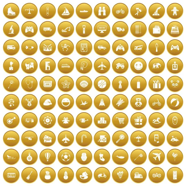100 jouets pour enfants icônes en or — Image vectorielle