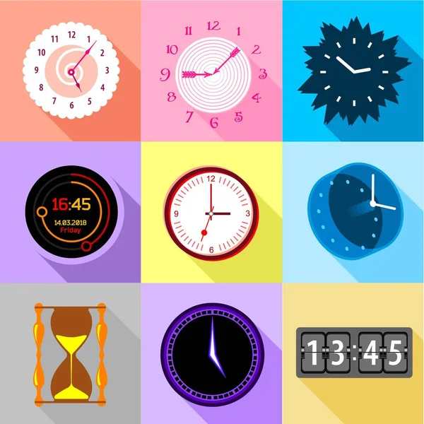 Tipos de conjunto de iconos de reloj, estilo plano — Vector de stock