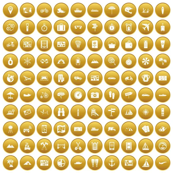 100 travel icons set gold — Stock Vector