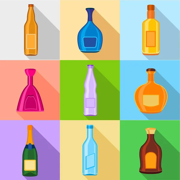 Alcoholic drinks bottles icons set, flat style — Stock Vector