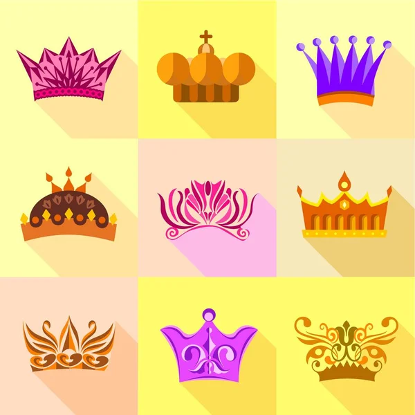 Types d'icônes de couronne ensemble, style plat — Image vectorielle