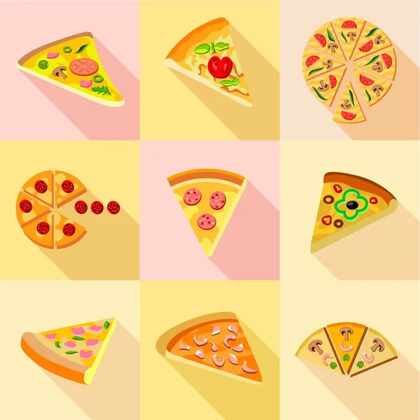 Különböző típusú pizza ikonok, a stílus lapos — Stock Vector