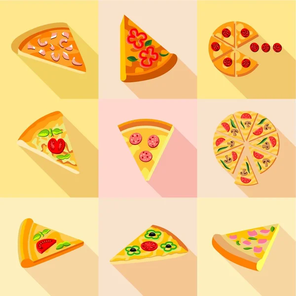 Pieces of pizza icons set, flat style — Stock Vector