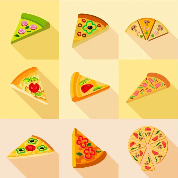 Various pizza icons set, flat style — Stock Vector