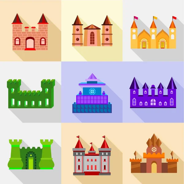 Types of fortress icons set, flat style — Stock Vector