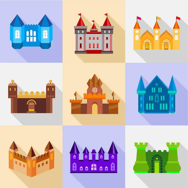 Types of stronghold icons set, flat style — Stock Vector