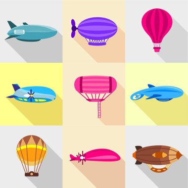 Retro zeplinler Icons set, düz stil