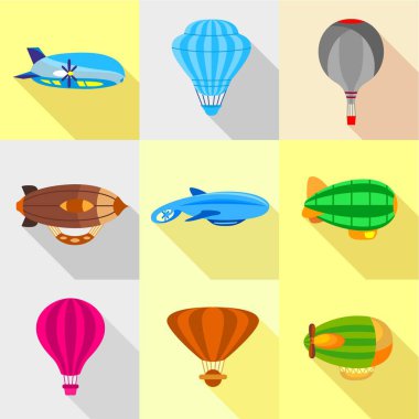 Fantastik airships Icons set, düz stil