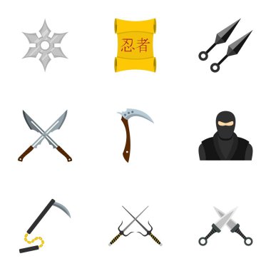 Ninja ekipman Icons set, düz stil