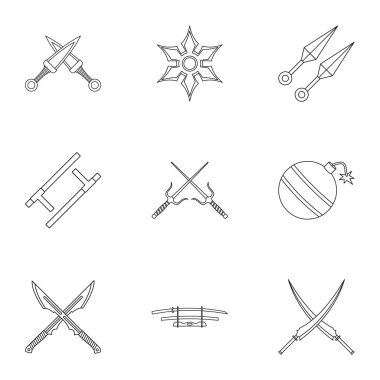 Ninja ekipman Icons set, anahat stili