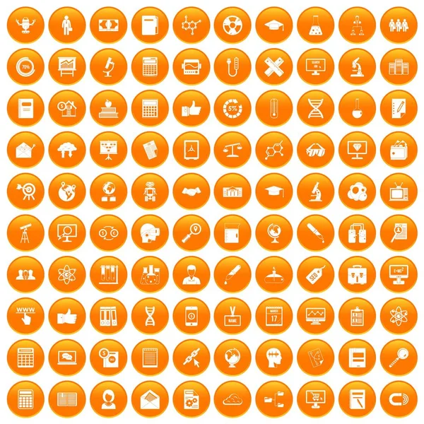 100 Analytics Icons Set Orange Circle Isolated White Vector Illustration — Stock Vector