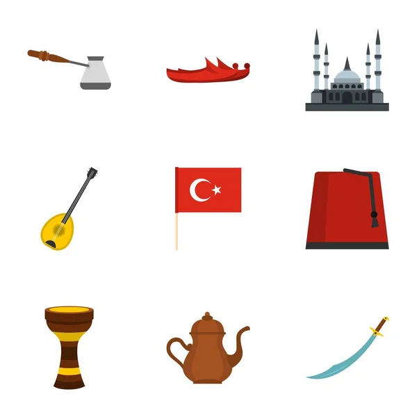 Set de iconos de cosas de pavo, estilo plano — Vector de stock