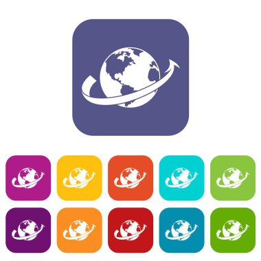 Gezegen Icons set etrafında uçak fly