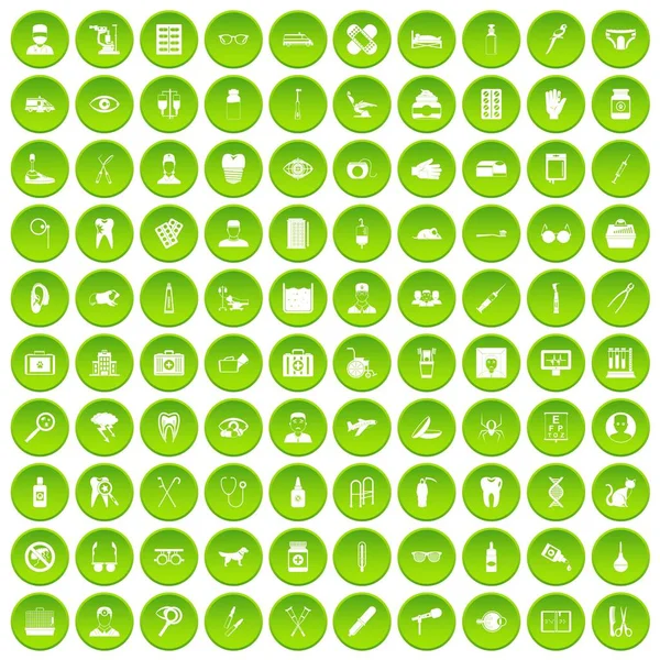 100 Zorg Pictogrammen Instellen Groene Cirkel Geïsoleerd Witte Vectr Afbeelding — Stockvector