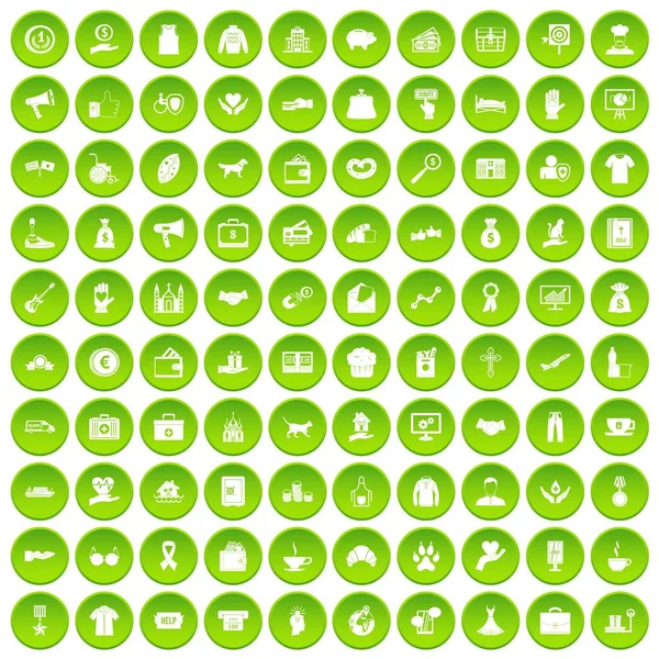 100 ícones de caridade conjunto verde — Vetor de Stock