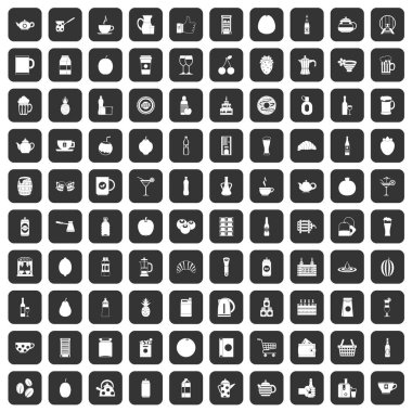 siyah 100 içecek Icons set