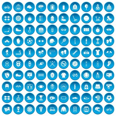 100 Spor aksesuarları simgeleri mavi ayarla