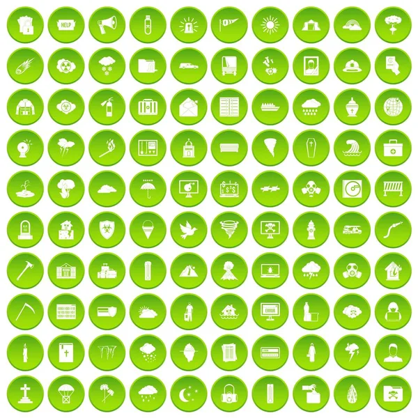 100 natural disasters icons set green — Stock Vector