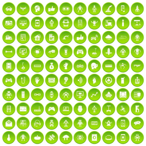 100 robot icons set green — Stock Vector