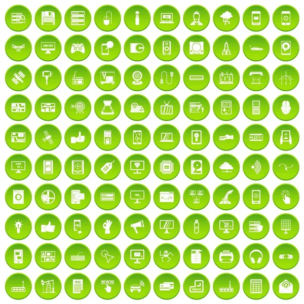 100 technologie ikony set zelený — Stockový vektor
