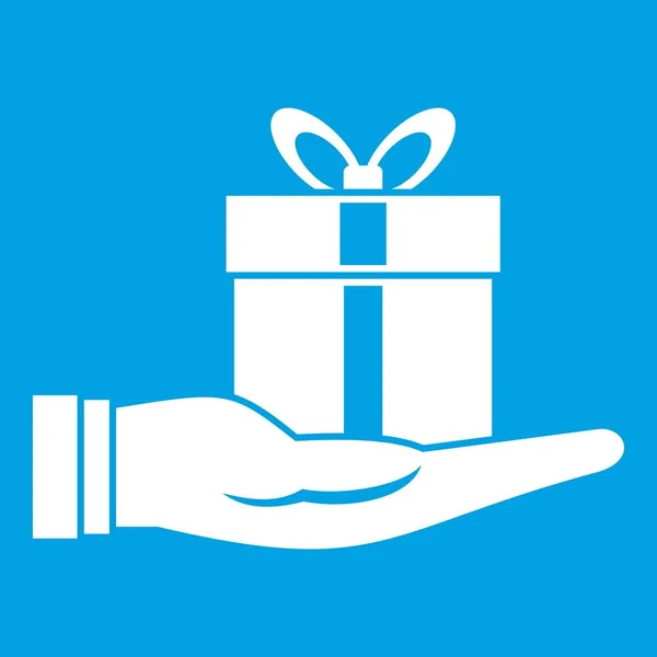 Geschenkbox in der Hand Symbol weiß — Stockvektor