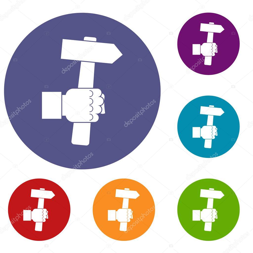 Hand hoding hammer with tool icons set