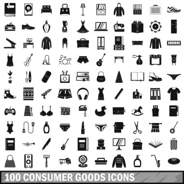 100 tüketim malları Icons set, basit tarzı 