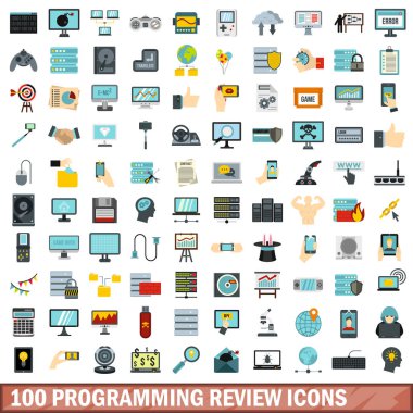 programlama 100 Icons set, düz stil gözden geçirin.