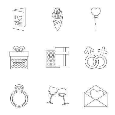 Sevgililer günü ekipman Icons set, anahat stili
