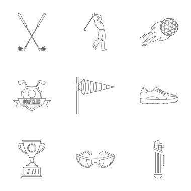 Golf ekipman Icons set, anahat stili
