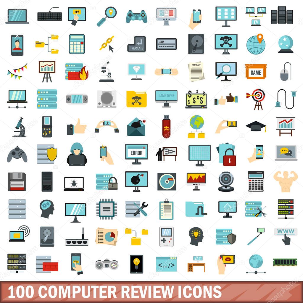 100 computer review icons set, flat style