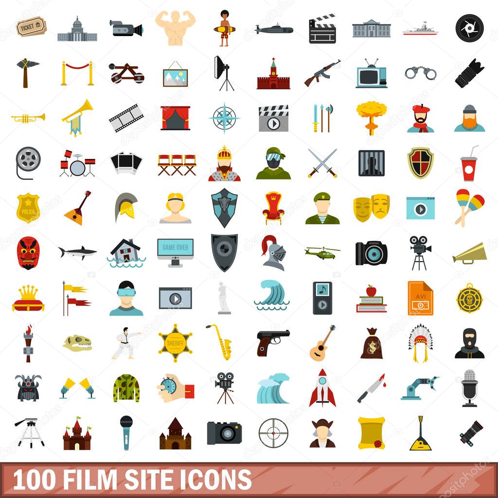 100 film site icons set, flat style
